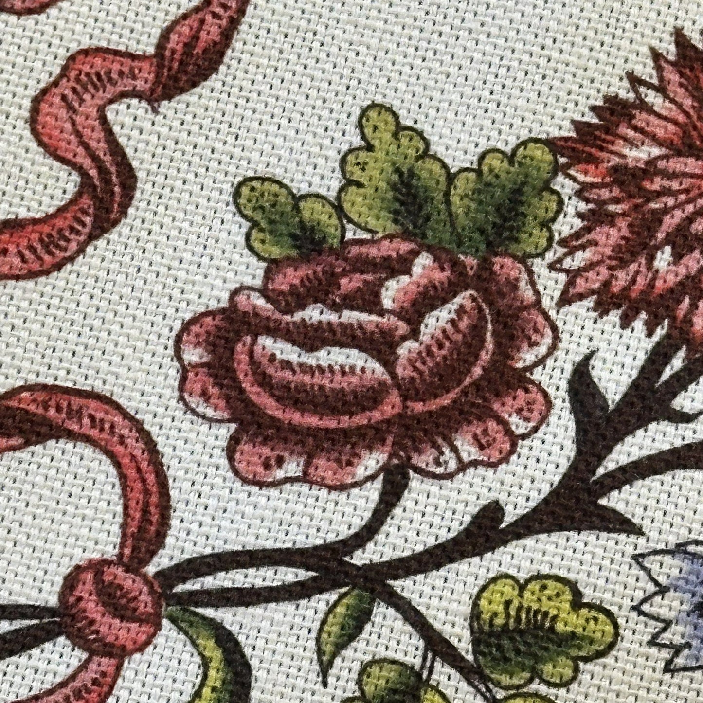 Close-up of floral and ribbon pattern on fabric