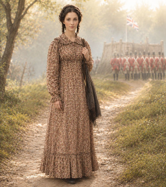 Woman in a historical dress standing on a path with soldiers in the background