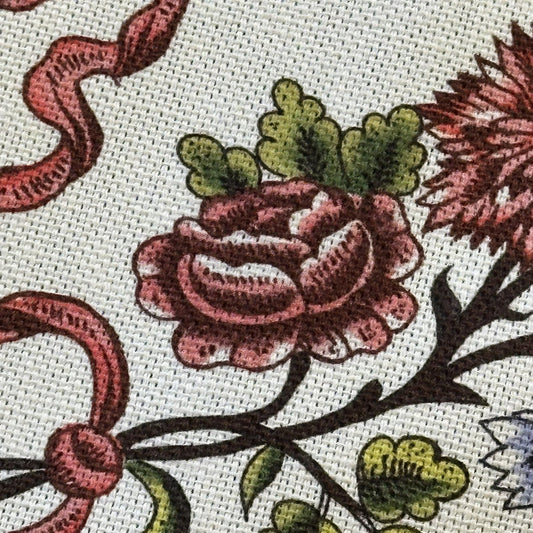 Close-up of floral and ribbon pattern on fabric