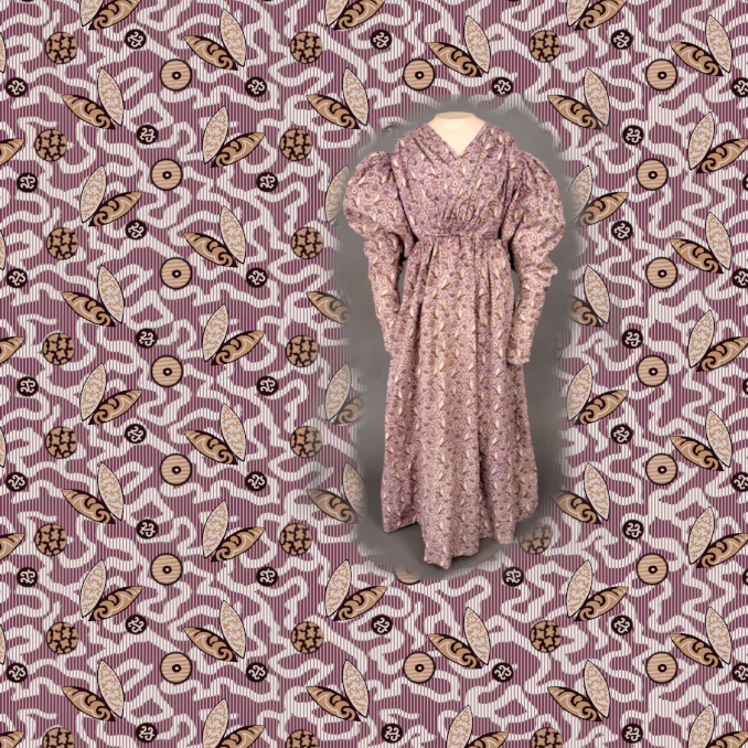 Pink floral dress on a mannequin against a patterned background