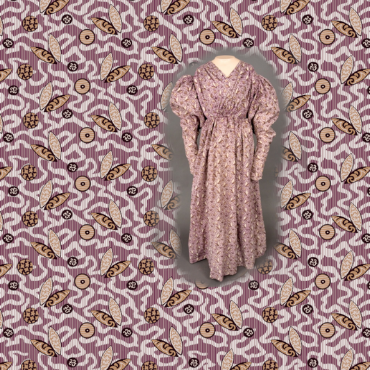 Pink floral dress on a mannequin against a patterned background