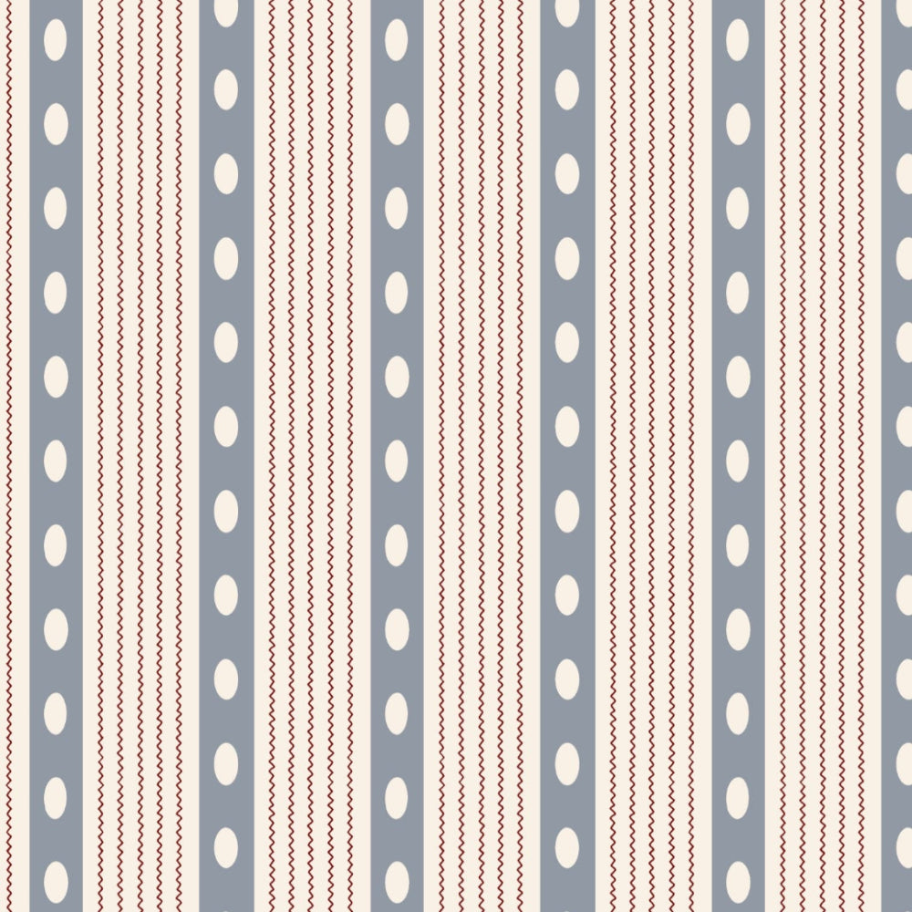 A patterned fabric with vertical stripes and polka dots in purple, red, and white colors.