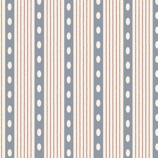 A patterned fabric with vertical stripes and polka dots in purple, red, and white colors.