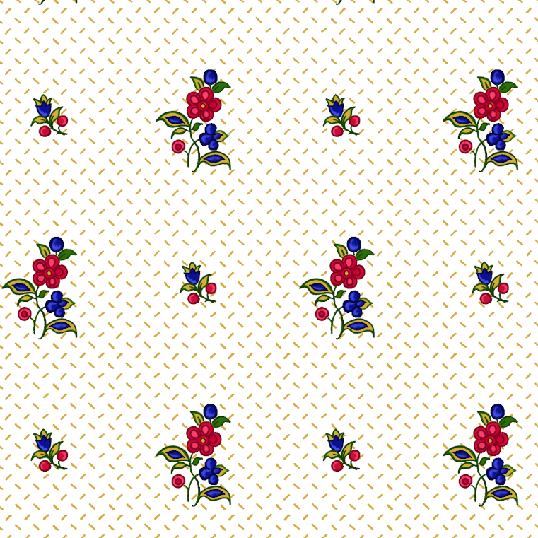 A fabric with a floral pattern featuring red, blue, and green colors on a white background, named after a Swedish court lady from the 1780s.