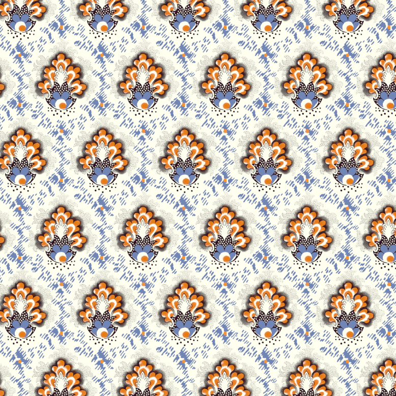 playful ornamental print features stylised fan-shaped floral motifs in vivid orange, powder blue, cream, and deep brown arranged across a soft light ground with scattered geometric brushstroke details.